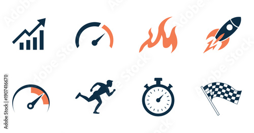 Speed Performance Growth Icons Set with Rocket Gauge Stopwatch and Runner