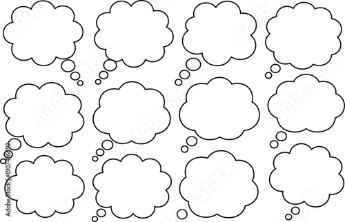Twelve blank outline thought bubble icons arranged in a grid perfect for creative writing prompts or comic book design elements