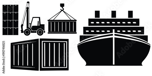 Cargo Shipping and Logistics Vector Set Isolated on White Background, Ship Crane and Containers