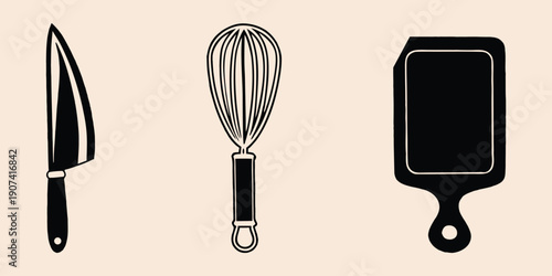 Kitchen Utensils Vector Set Isolated on Beige Background, Knife Whisk and Cutting Board Silhouette Collection,