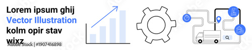 Bar chart growth trend, gear icon for process efficiency, and connected logistics network with van. Ideal for data analysis, business strategy, supply chain, technology, process management