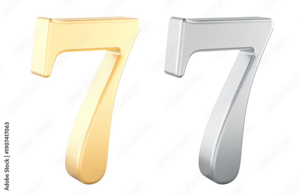 Fototapeta premium Number 7 in gold and silver. 3D rendering