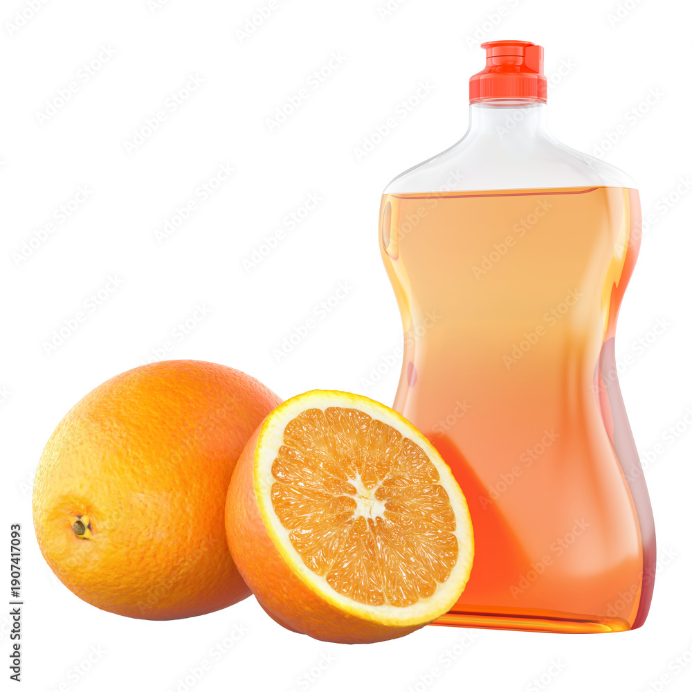 Fototapeta premium Orange dishwashing liquid bottle with fresh orange fruit. 3D rendering