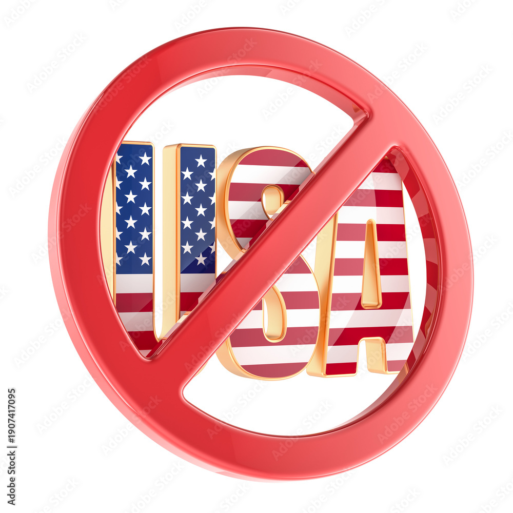 Fototapeta premium Prohibition sign with USA. Symbolizing ban, sanctions or restriction. 3D rendering