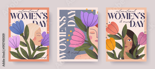 Womens Day poster set.Female portraits with floral elements.Inclusive women representation celebrating empowerment,equality and spring mood.Modern vertical greeting card for print and social media