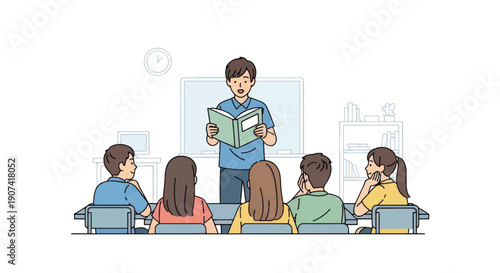 Student Reading Aloud in Front of Class Flat Vector Illustration