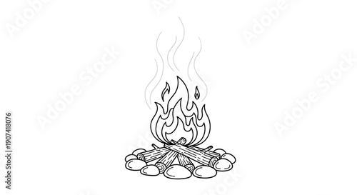 Simple handdrawn illustration of a campfire with flames and rocks