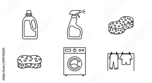 Collection of cleaning and laundry tools including spray, sponge, detergent, washing machine, and clothesline