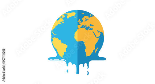 Illustration of a melting globe with continents in blue and yellow, dripping paint effect