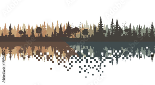 Serene landscape featuring a calm lake reflecting a dense forest with varied trees and a cloudy sky in soft muted tones