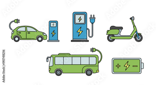 Collection of electric vehicles including a car scooter bus and charging stations
