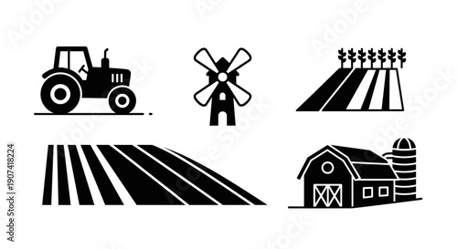 Collection of black and white farmrelated icons including tractor, windmill, field, barn, and silo