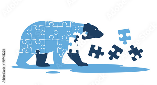Illustration of a bear composed of puzzle pieces in shades of blue with some pieces floating away