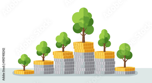 Illustration of a financial growth concept with stacks of coins and lush green trees