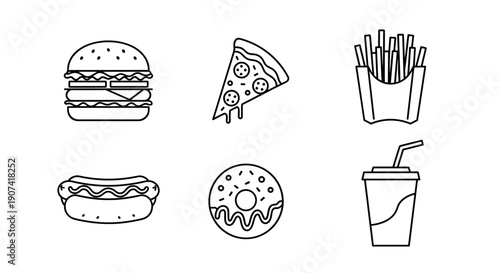 Collection of six fast food icons including burger pizza fries drink donut