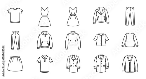 Collection of simple line art clothing icons including shirts dresses jackets and pants