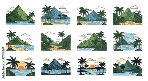 Collection of tropical island scenes featuring mountains, beaches, palm trees, and ocean views in vibrant colors