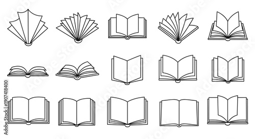 Collection of black and white open book illustrations in various styles and perspectives