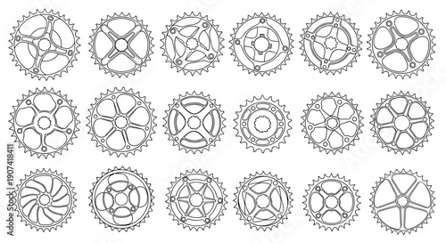 Collection of twenty bicycle gears arranged in a grid pattern on a plain background