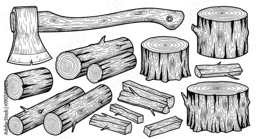 Collection of various logs and wood pieces arranged on a plain surface in black and white