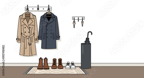 Indoor scene featuring coats, shoes, and accessories arranged neatly on a wall and floor