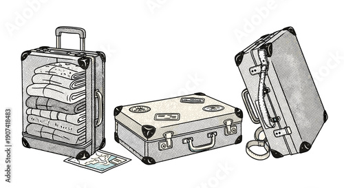 Set of three travel luggage pieces including a large suitcase, a hardshell carryon, and a compact backpack