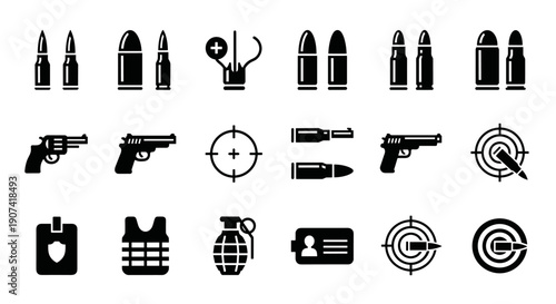 Collection of black and white icons depicting weapons, ammunition, and tactical gear
