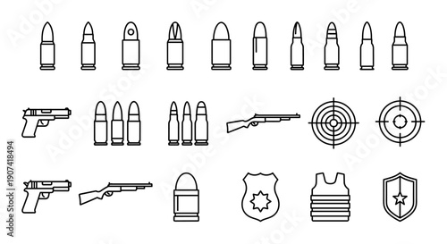 Collection of various firearm, ammunition, and target symbols in black outline style