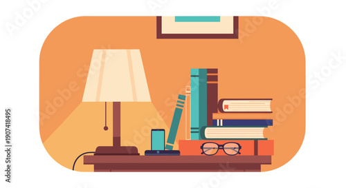 Cozy study desk with lamp, books, glasses, and decorative elements on a warm orange background