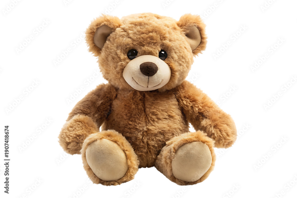 Fototapeta premium Brown teddy bear plush toy sitting upright isolated on a transparent background