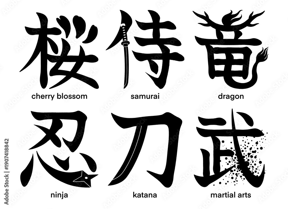 Fototapeta premium Pictorial Japanese kanji characters for cherry blossom, dragon, martial arts, samurai, ninja and katana isolated on transparent background, calligraphy art, tattoo idea