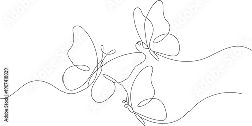 A delicate line drawing of intertwined butterflies in flight