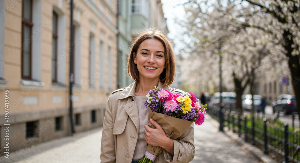 Fototapeta premium Smiling young woman in spring city holding bouquet, International Women’s Day celebration, March 8 lifestyle portrait, urban femininity, happiness and freedom concept