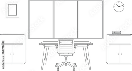 Modern Home Office Workspace Line Art Interior with Desk Chair and Window_