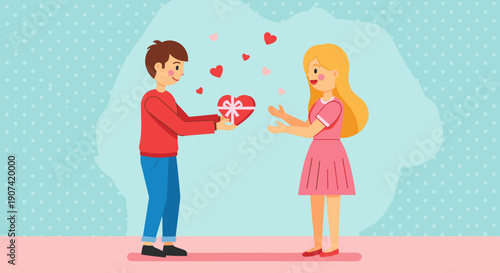 Man Giving Heart to Woman in Pink Dress.
