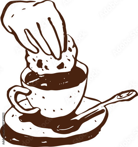Hand drawn hand holding cookie and dipping it into cup with hot drink in brown line art. Simple vintage style vector illustration. Coffee or tea cozy food graphic.