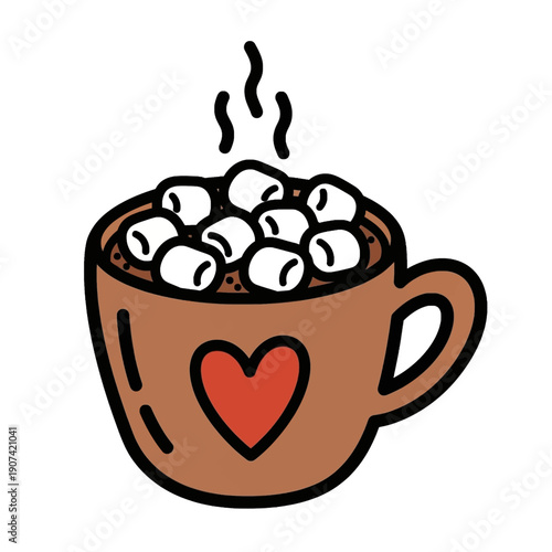 A cartoon illustration of a steaming mug of hot chocolate topped with fluffy marshmallows and a red heart design.