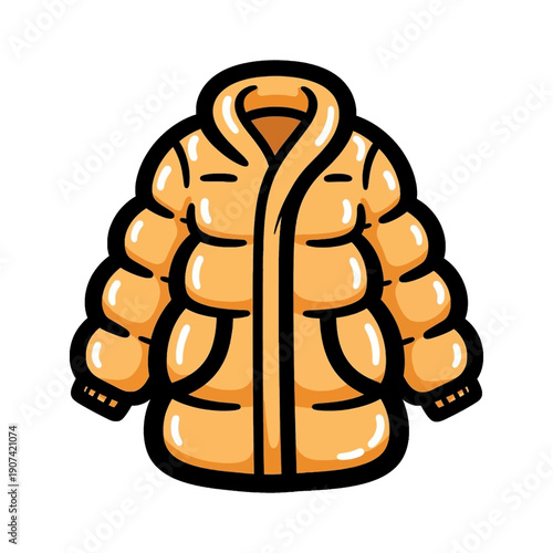 Vibrant yellow puffer jacket with a hood and front zipper, depicted in a simple cartoon style, ideal for cold weather protection.