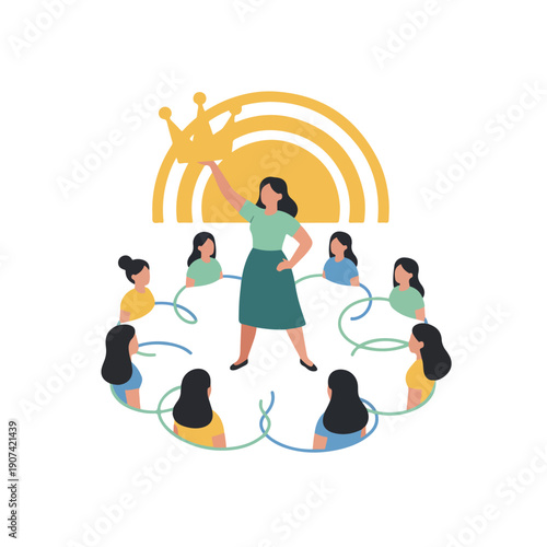 The image depicts a strong woman holding a crown, surrounded by other women connected by intertwined lines, all under a rainbow arc, symbolizing female empowerment and unity.