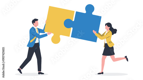 A man and woman in business attire working together to complete a puzzle piece
