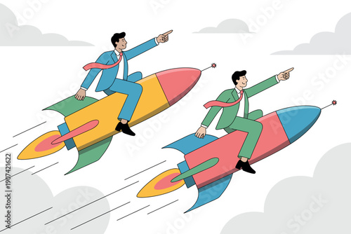 Two businessmen riding colorful rockets, symbolizing innovation and progress in a competitive market