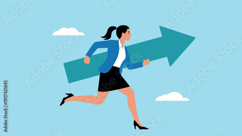 A determined businesswoman in a blue blazer and black skirt running with a large arrow pointing forward