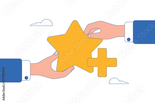 Two hands exchanging a star and a plus sign in a symbolic gesture of rating and evaluation.