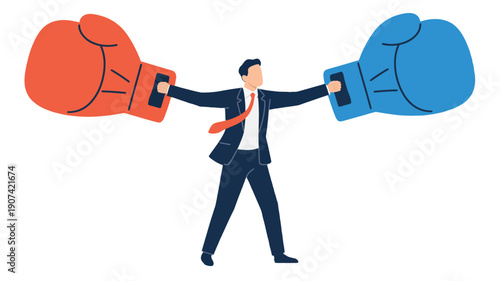 A businessman in a suit is caught in the middle of a boxing match with oversized gloves