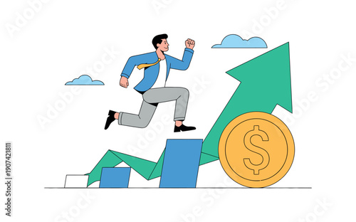 A businessman running up a green arrow graph with a dollar coin, symbolizing financial growth and success.