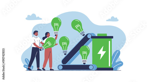 Two people generating eco-friendly ideas with light bulbs and a battery