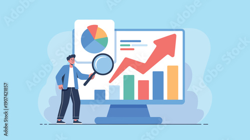 A man in a blue jacket analyzes a colorful graph on a large computer monitor with a magnifying glass