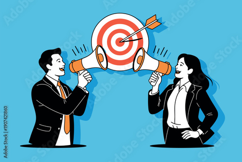 A man and woman in business attire using megaphones to communicate effectively towards a target goal.