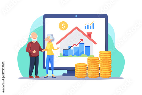 Vector illustration of an elderly couple looking at a tablet screen showing a rising retirement fund graph, stacks of coins and a house icon in the background.