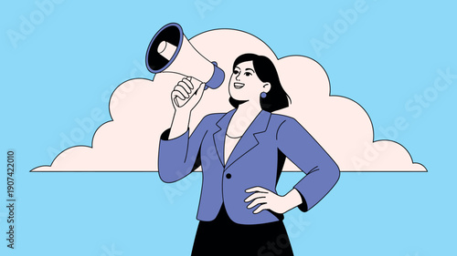 A confident businesswoman speaking into a megaphone with a cloud in the background